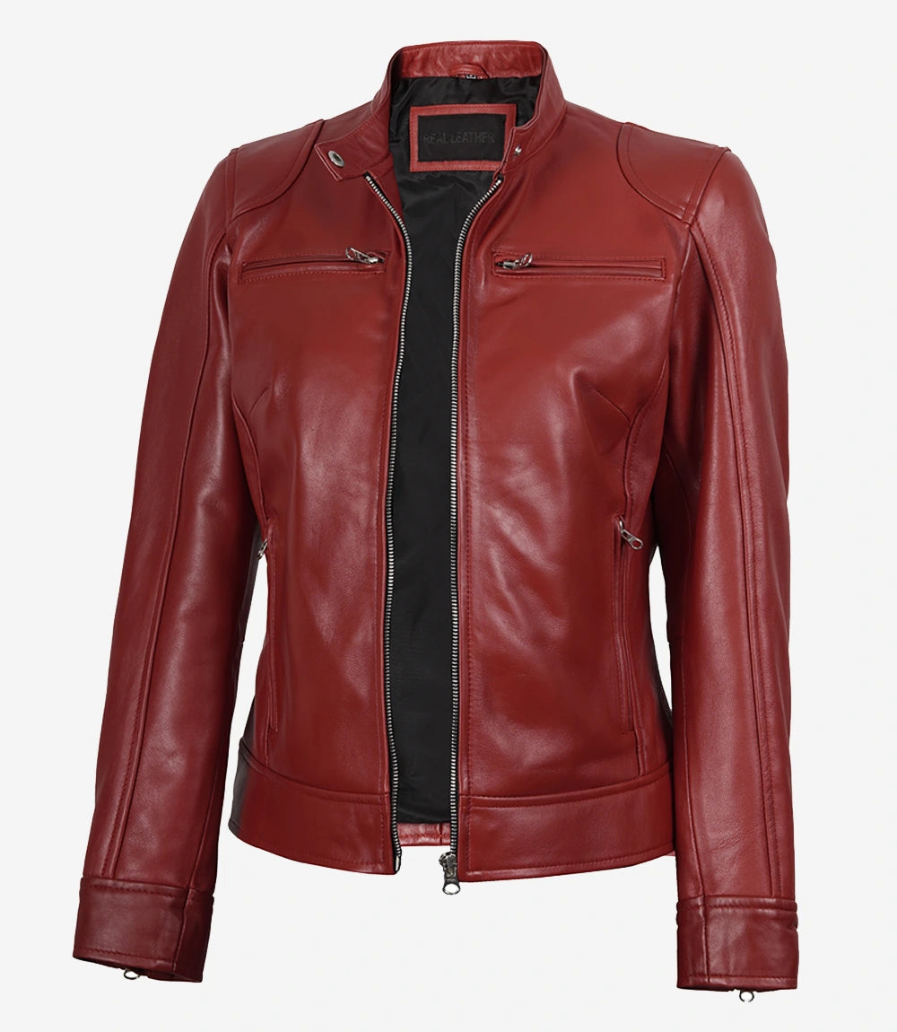 Womens Real Leather Red Moto Jacket