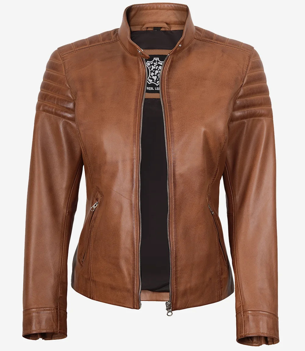 Womens Real Lambskin Leather Tan Biker Style Jacket