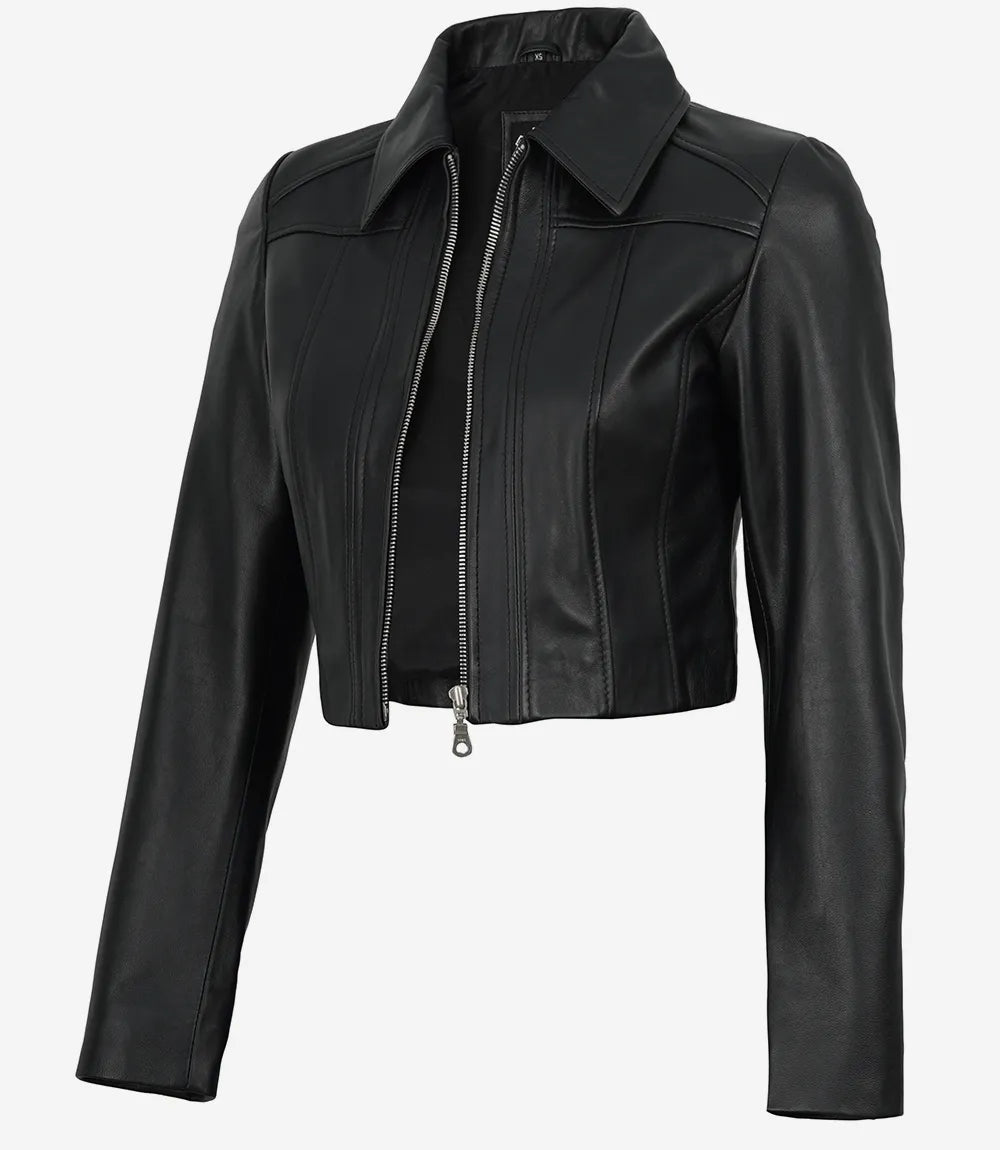 Marsha Women's Cropped Black Leather Jacket with Shirt Collar