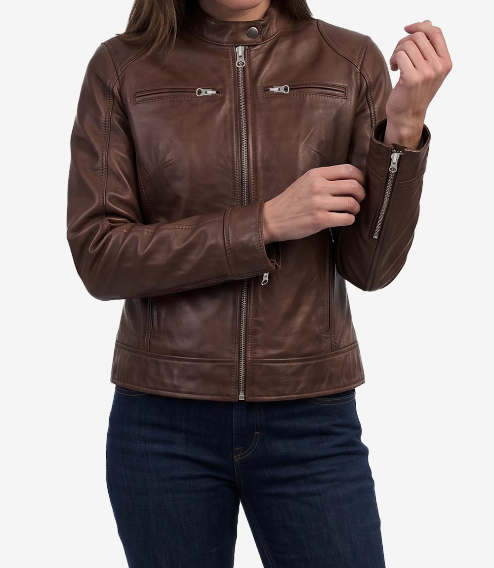 Women's Cognac Waxed Real Leather Biker Style Jacket