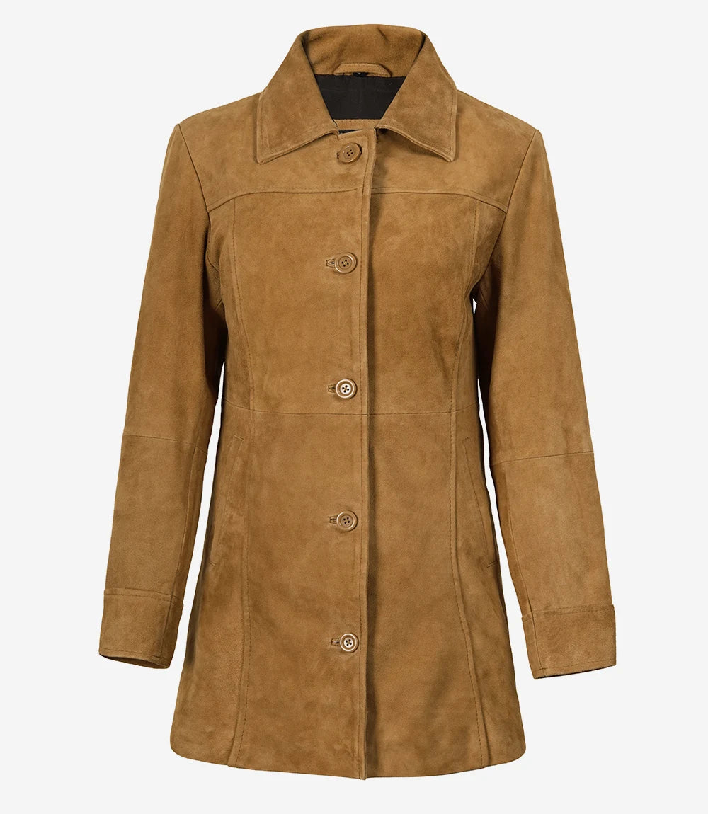 Women's 3/4 Length Button Down Brown Suede Coat