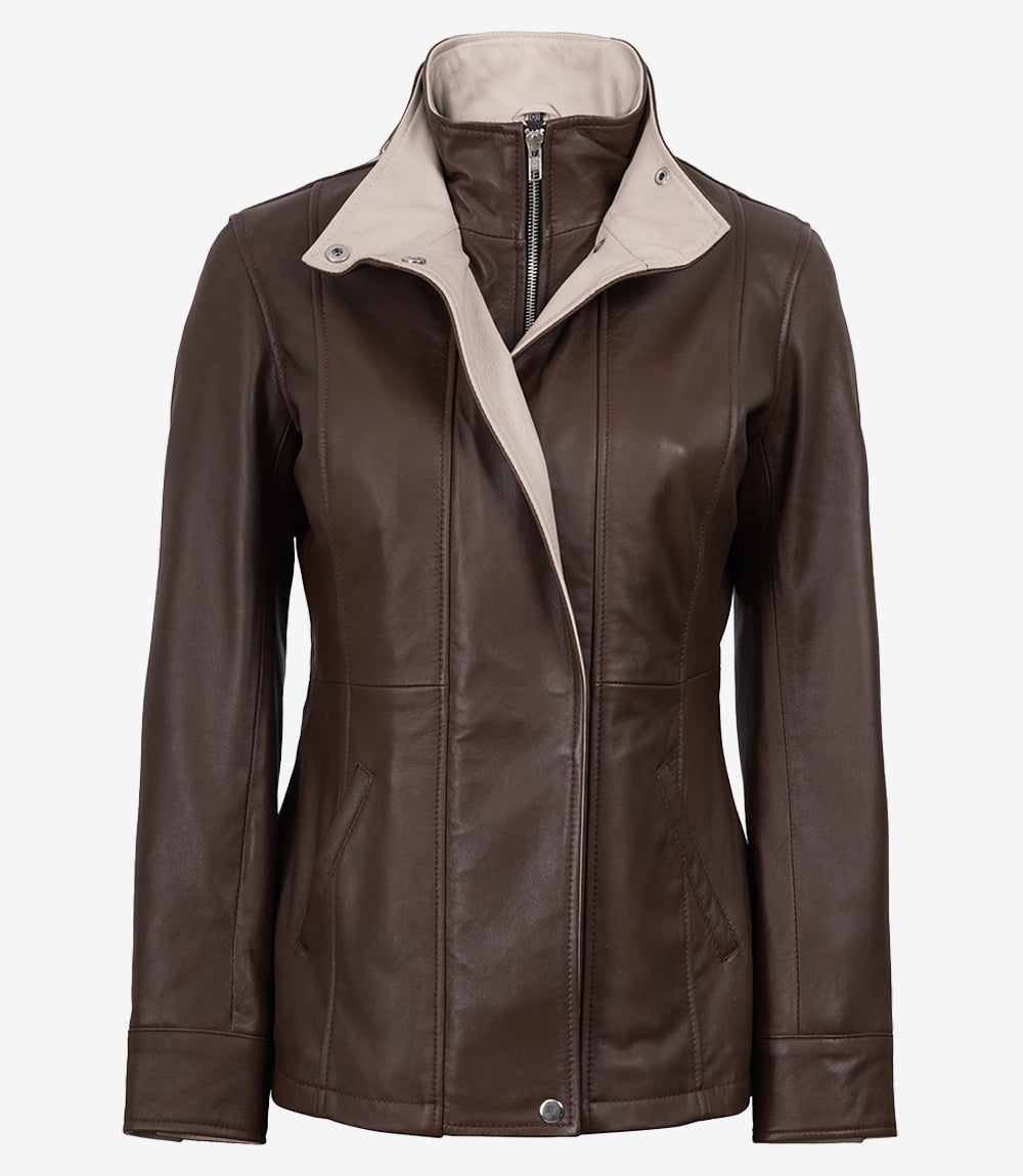 Womens High-Collar Dark Brown Leather Jacket With Beige Details