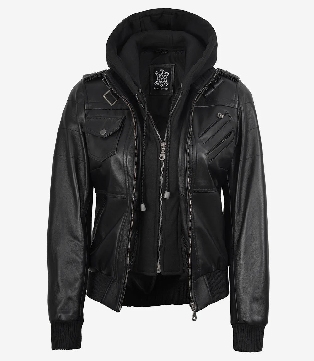 Women's Black Leather Bomber Jacket with Removable Hood