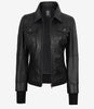 The Celeste: Womens Black Bomber Leather Jacket with Removable Hood