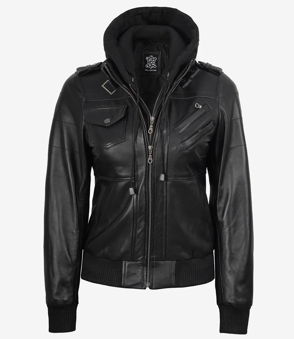 Women's Black Leather Bomber Jacket with Removable Hood