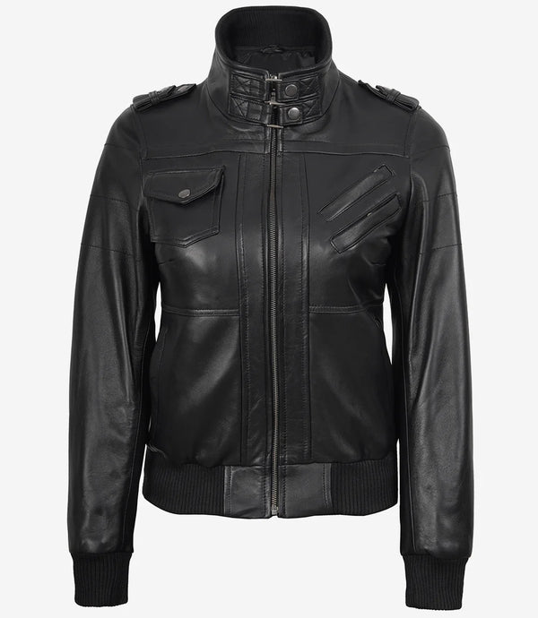 Hooded Women's Black Leather Bomber Jacket