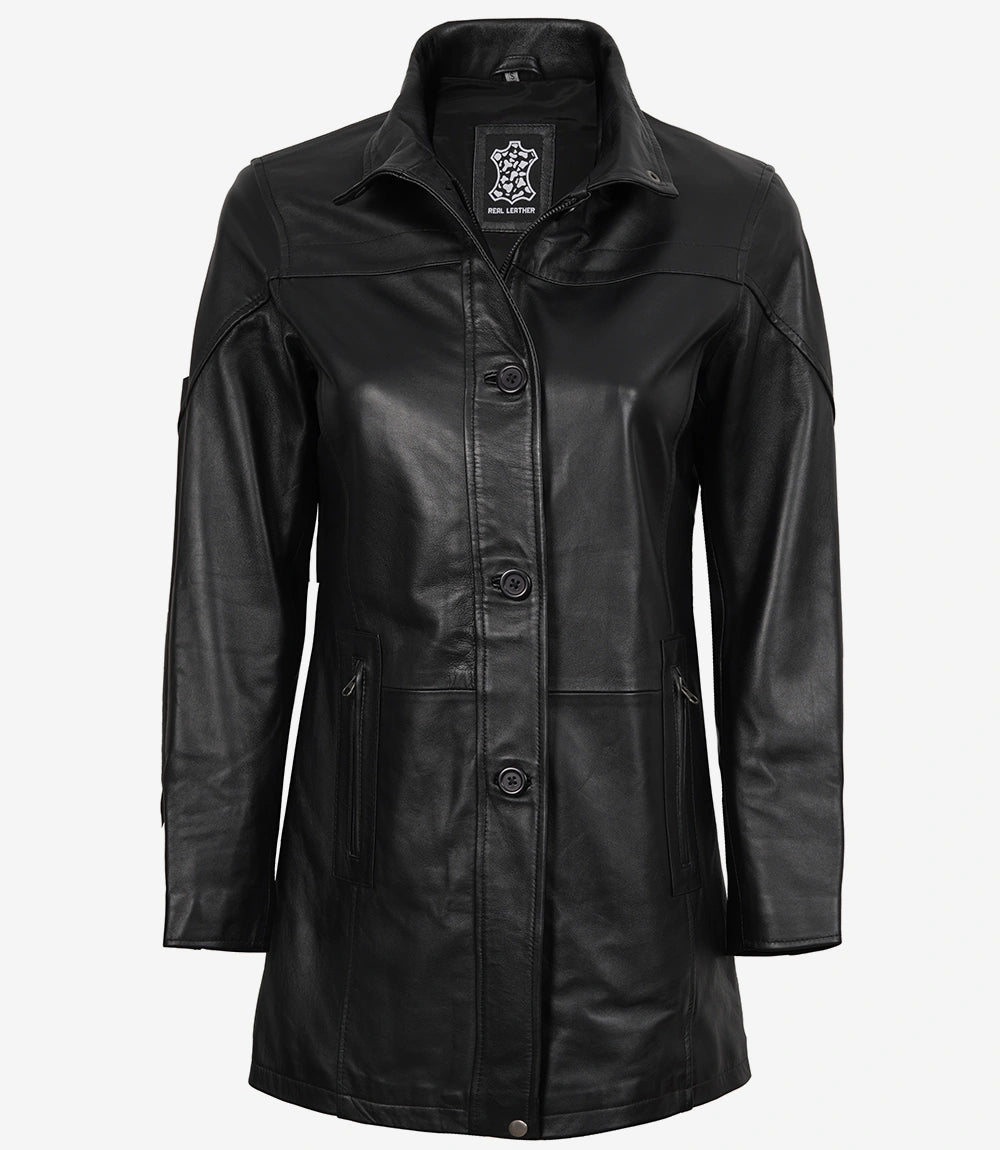 Bristol Womens Black Leather Car Coat - 3/4 Length