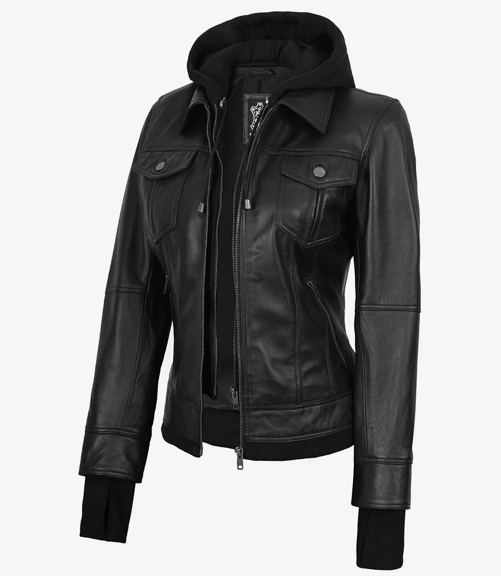 The Celeste: Womens Black Bomber Leather Jacket with Removable Hood
