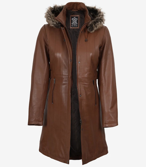 Women Brown Leather Coat With Fur Trim Removable Hood