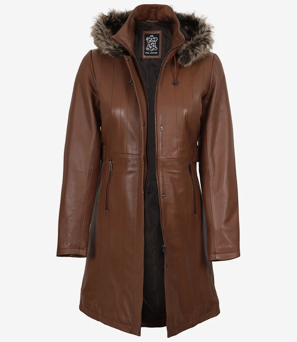 Women Brown Leather Coat With Fur Trim Removable Hood