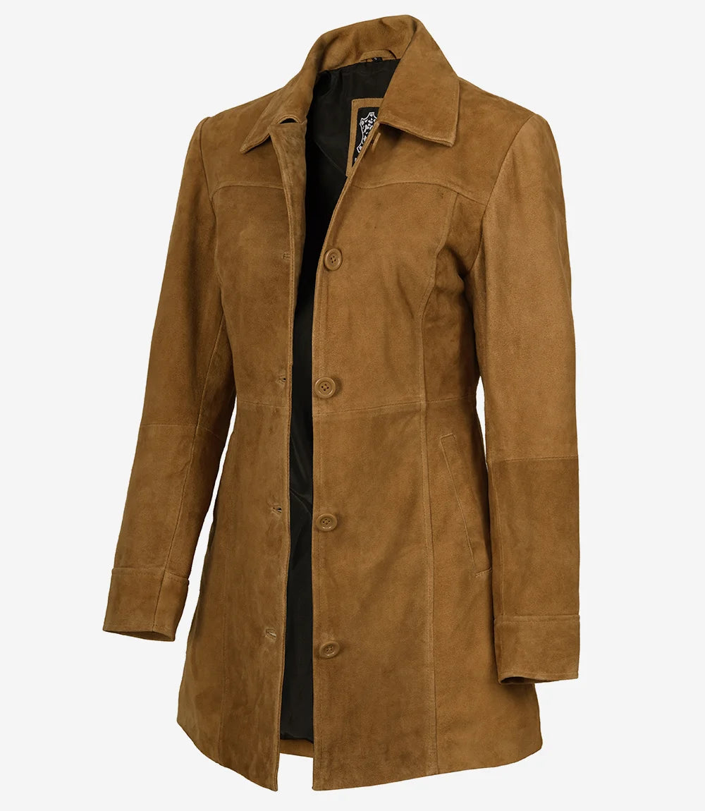 Women's 3/4 Length Button Down Brown Suede Coat