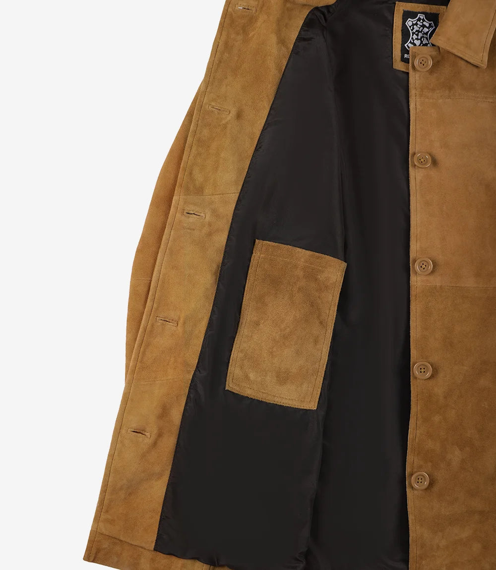 Women's 3/4 Length Button Down Brown Suede Coat