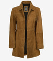 Women's 3/4 Length Button Down Brown Suede Coat