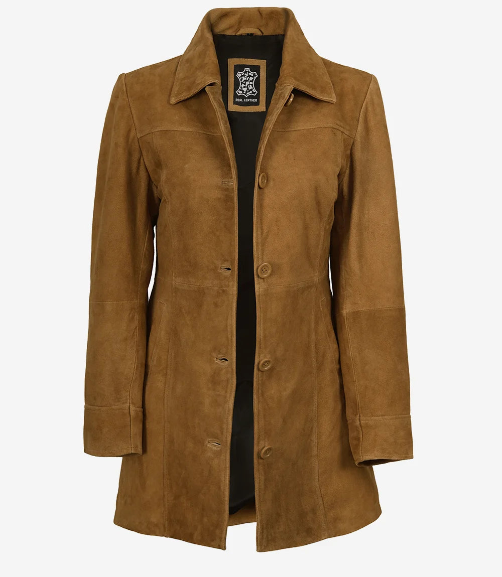 Women's 3/4 Length Button Down Brown Suede Coat