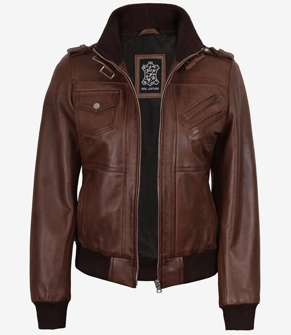 Womens Cognac Leather Bomber Jacket With Removable Hood