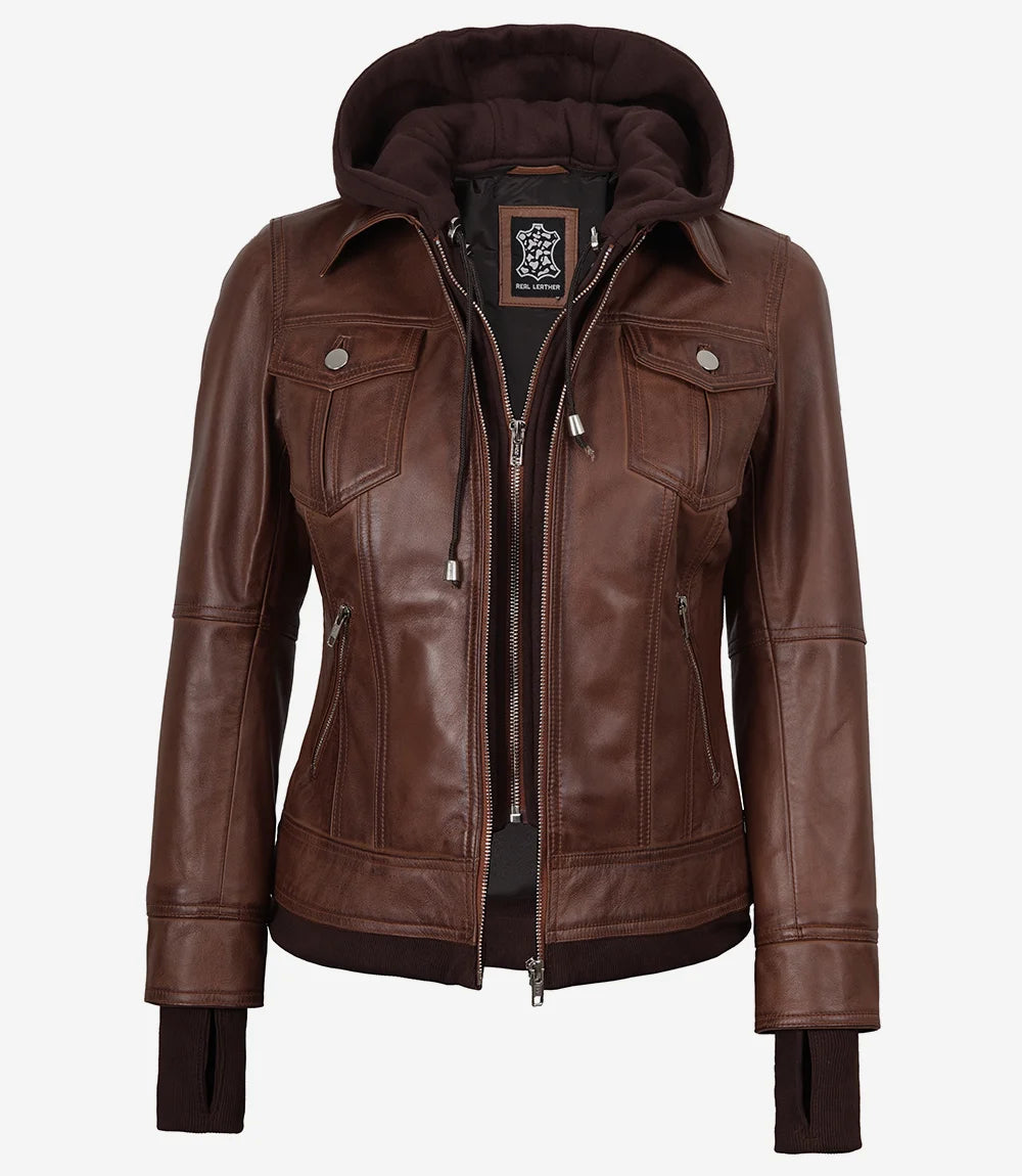 Tralee Women's Cognac Wax Bomber Leather Jacket With Removable Hood