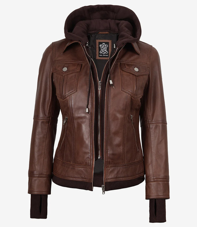 Tralee Women's Cognac Wax Bomber Leather Jacket With Removable Hood
