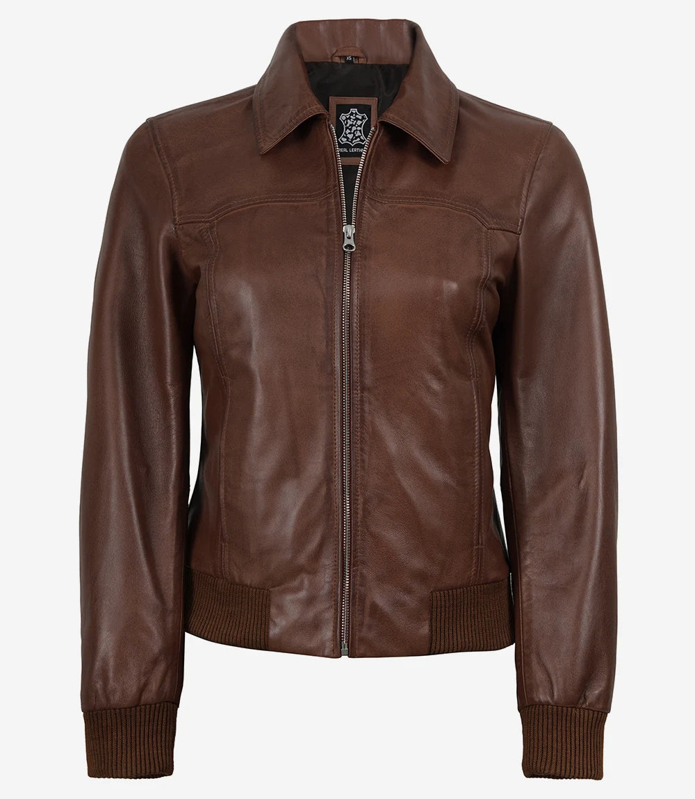 Women's Cognac Waxed Leather Bomber Jacket with Shirt Collar