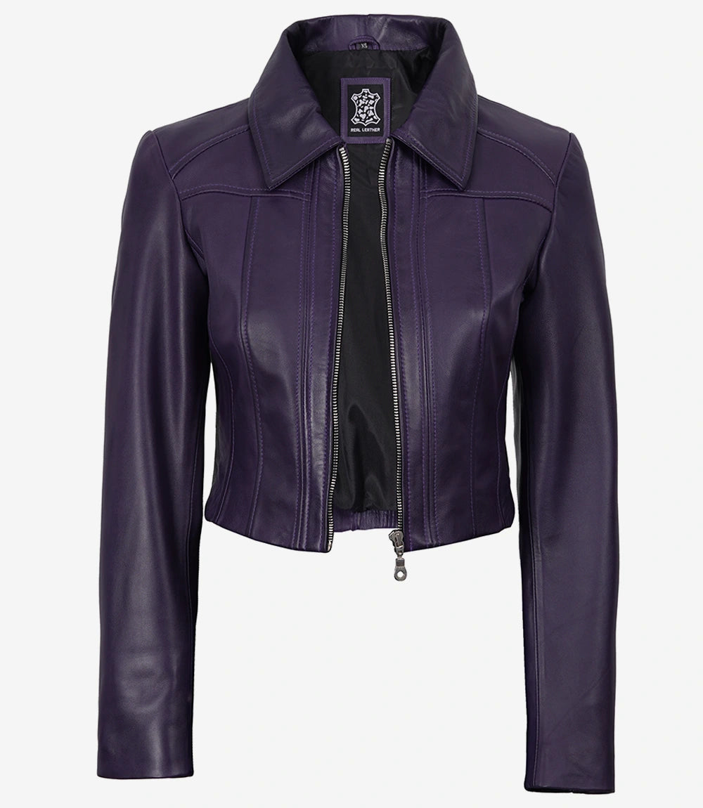 Women's Cropped Purple Leather Jacket