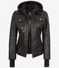 Women's Distressed Brown Bomber Leather Jacket with Removable Hood