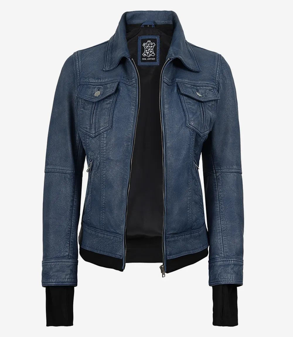 The Céleste: Womens Blue Washed Bomber Leather Jacket with Removable Hood