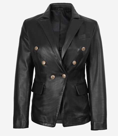 Kim Women's Double Breasted Black Leather Blazer