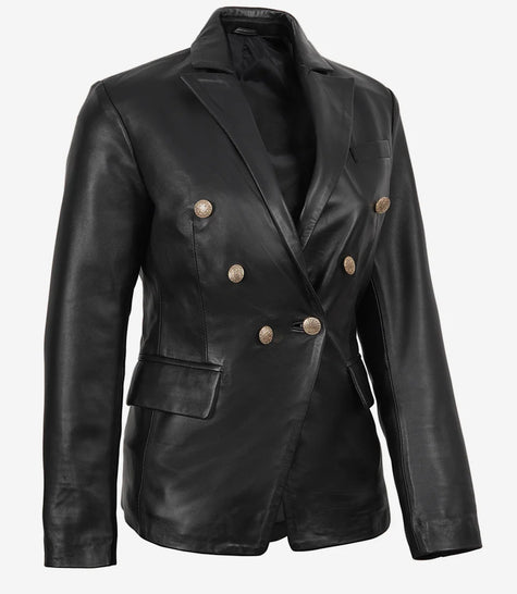 Kim Women's Double Breasted Black Leather Blazer