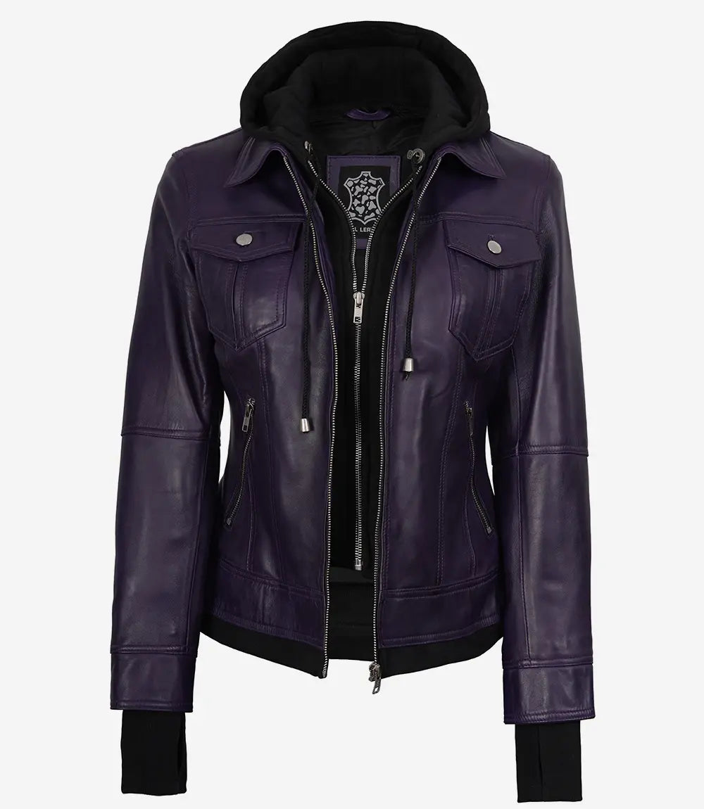 Women's Purple Bomber Leather Jacket - Removable Hood