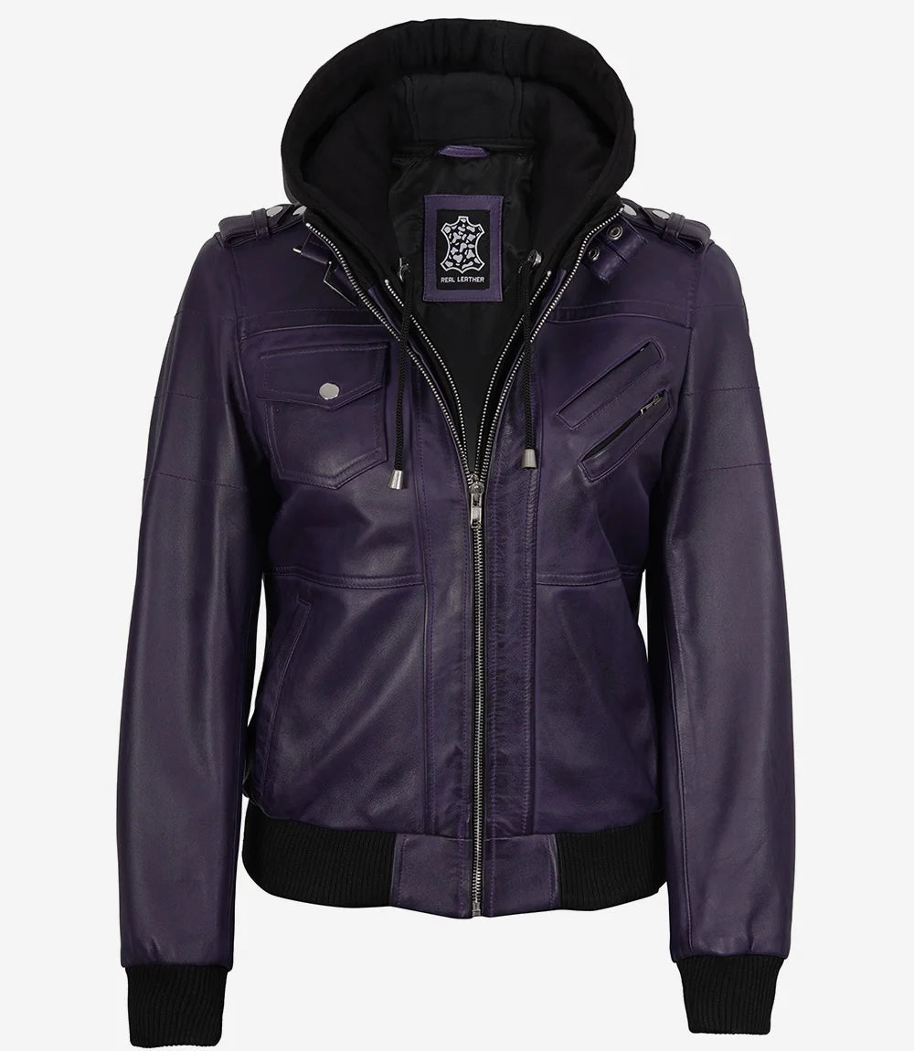 Womens Purple Bomber Leather Jacket with Removeable Hood