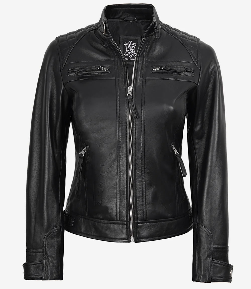 Womens Black Leather Biker Style Jacket - Quilted Shoulder