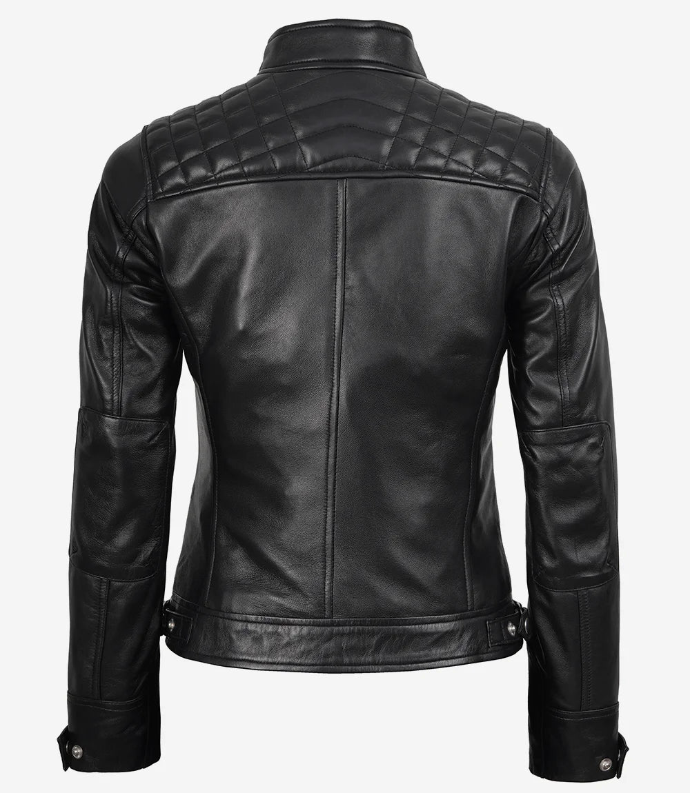 Womens Black Leather Biker Style Jacket - Quilted Shoulder