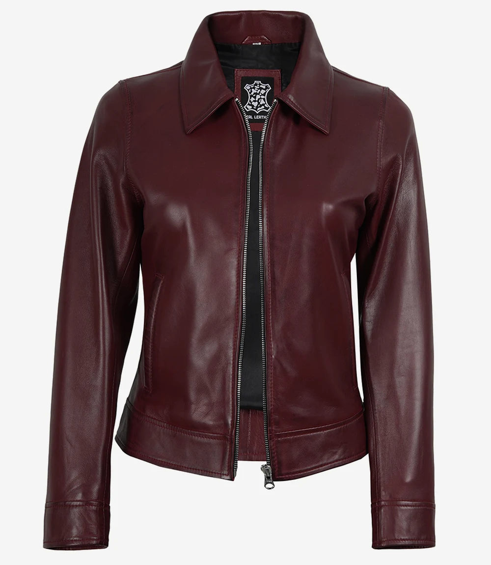 Womens Maroon Waxed Shirt Collar Harrington Leather Jacket