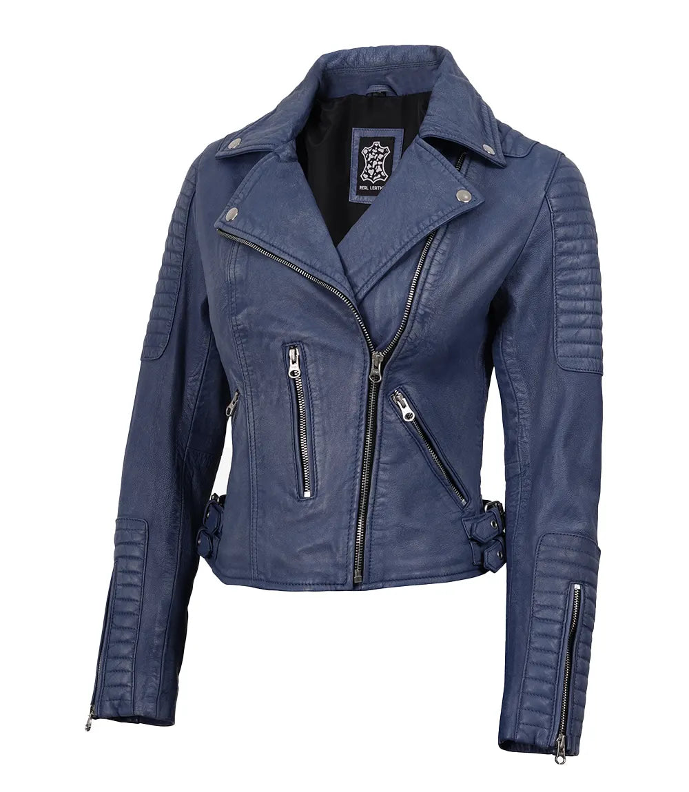 Women's Blue Washed Asymmetrical Leather Biker Jacket