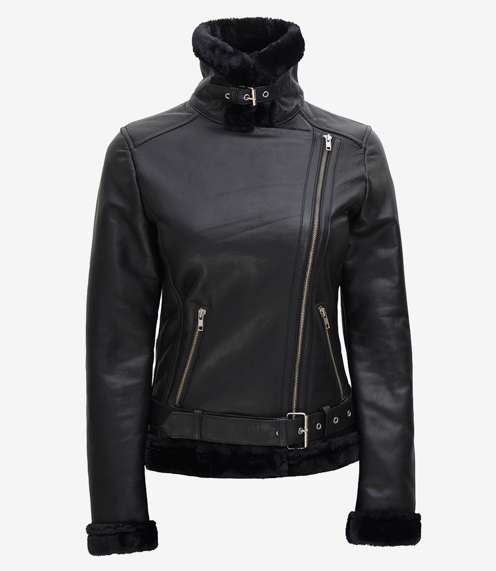 Womens Black Asymmetrical Shearling Leather Jacket