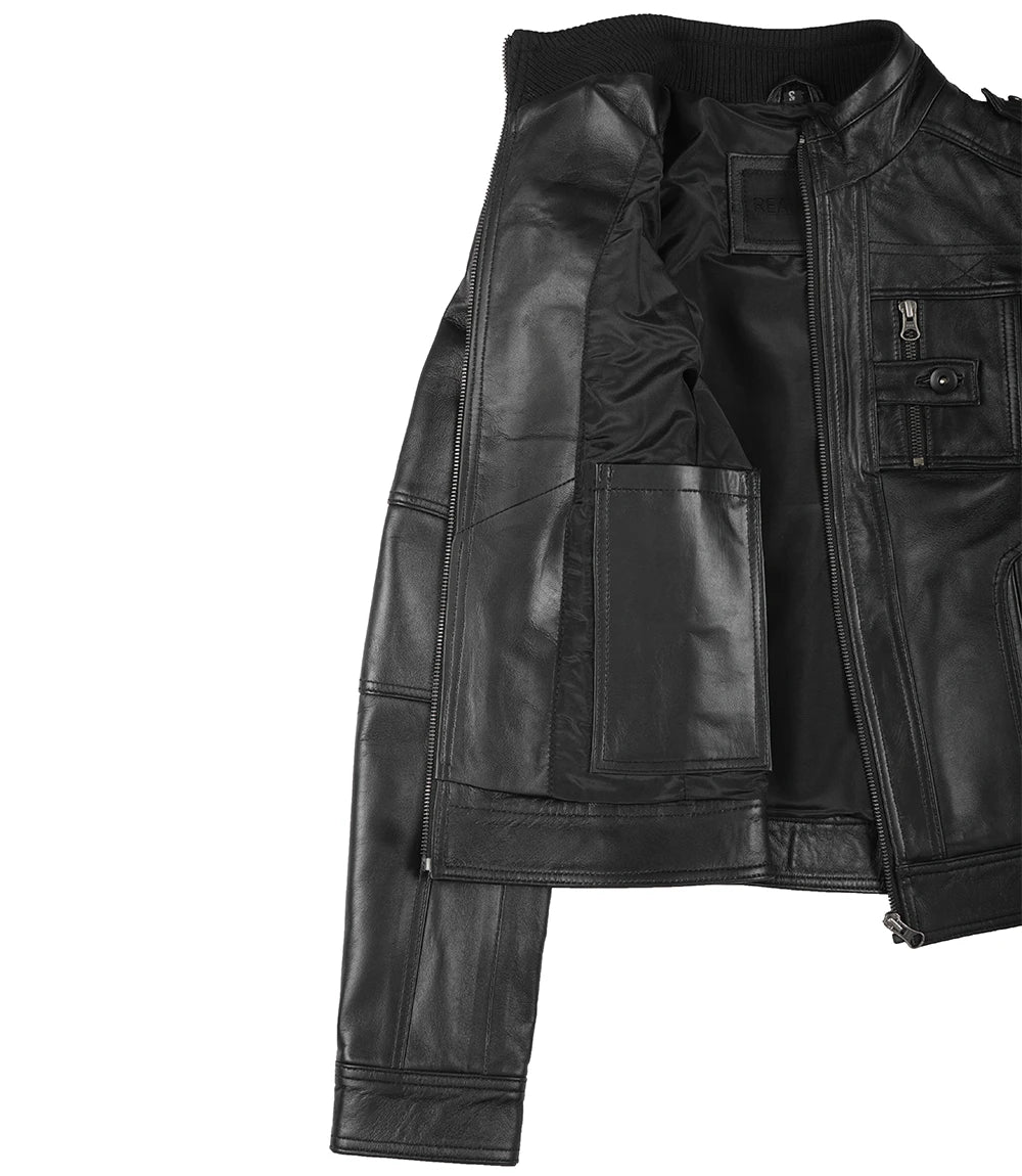 Womens Black Leather Moto Jacket