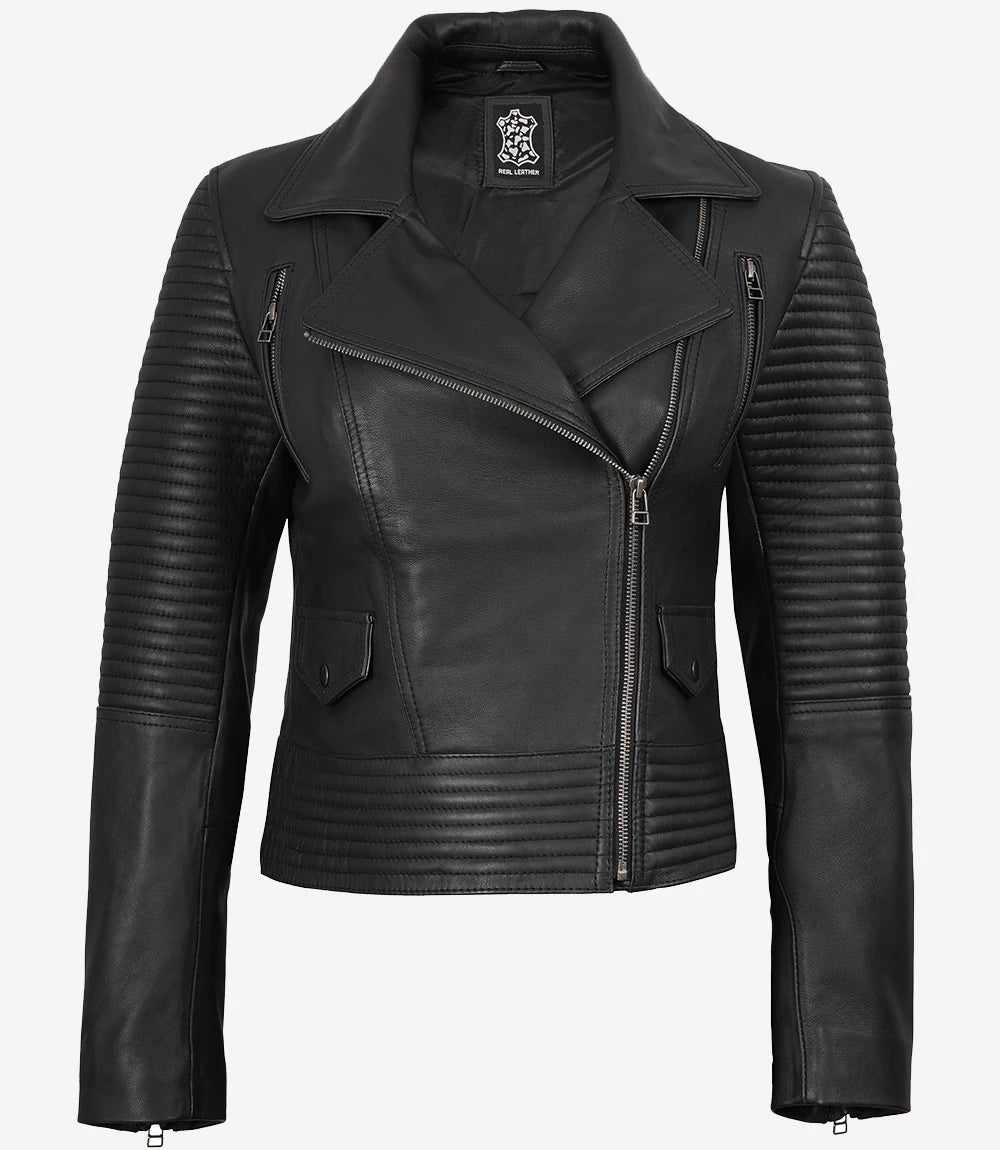 Womens Real Lambskin Leather Black Moto Leather Jacket