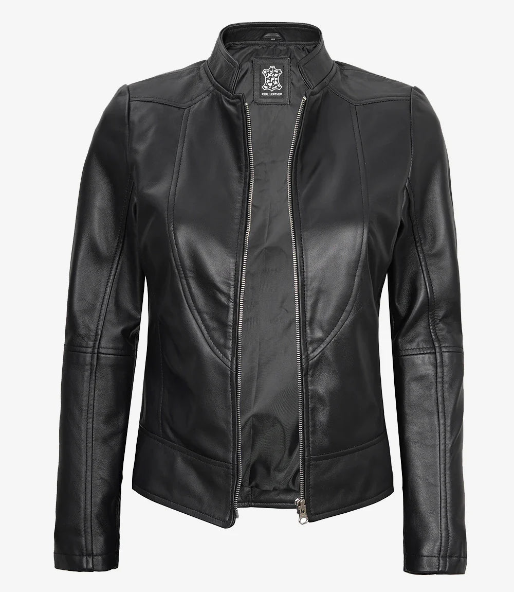 California Womens Black Leather Stand Up Collar Jacket