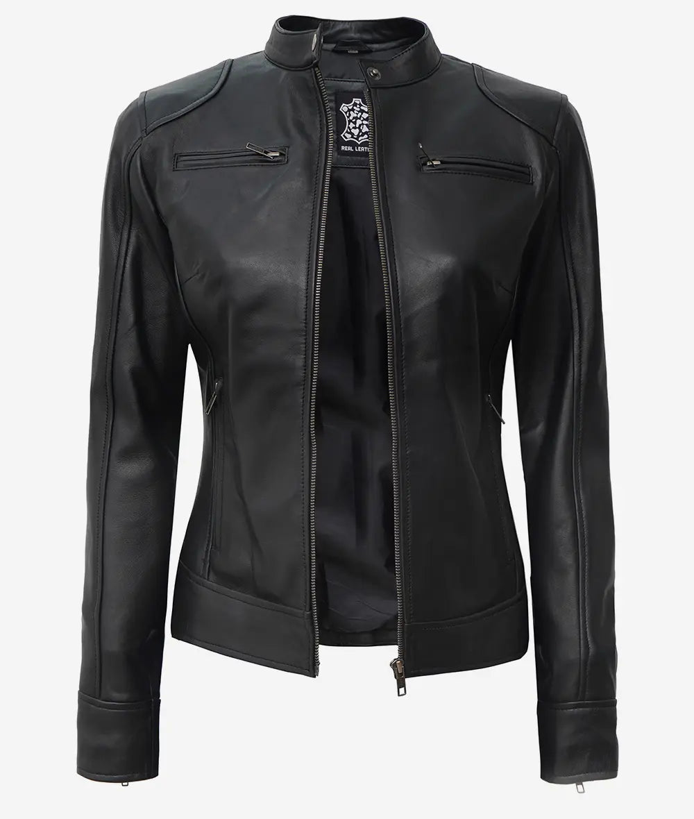 Women's Black Lambskin Leather Biker Style Jacket