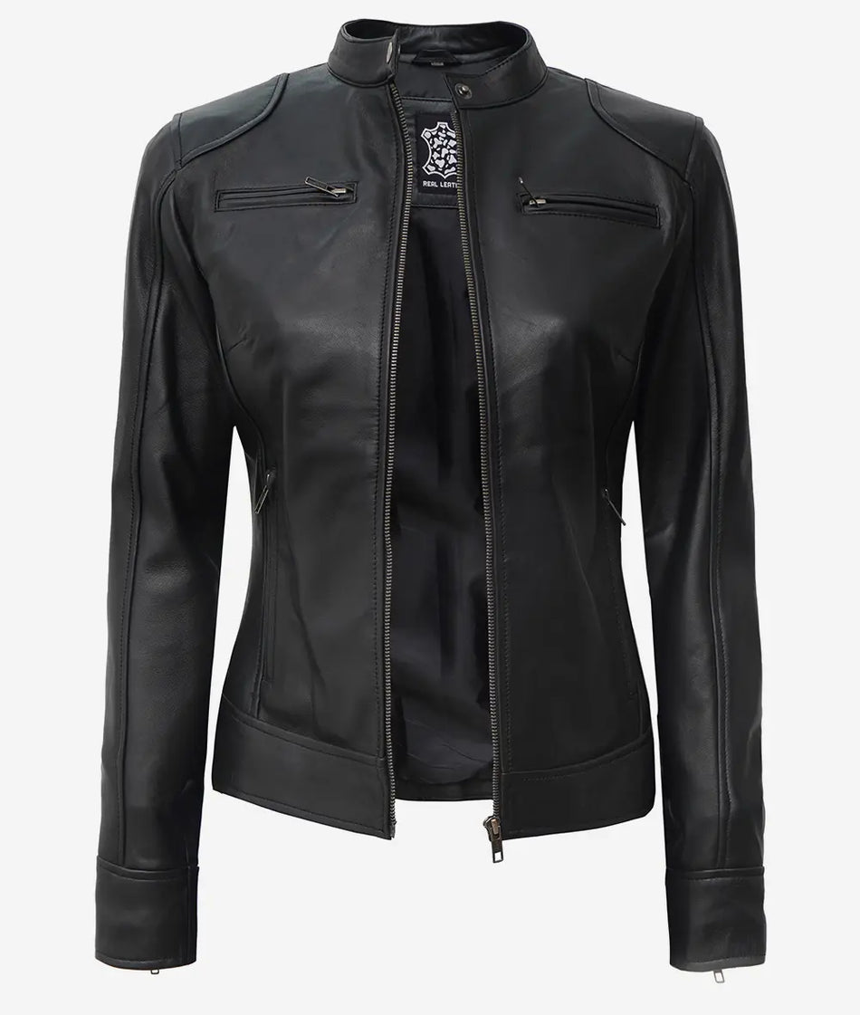 Women's Black Lambskin Leather Biker Style Jacket