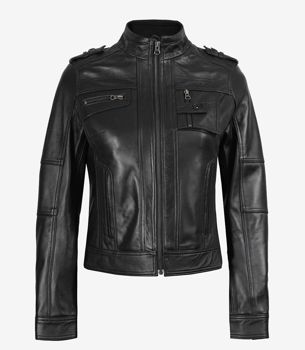 Womens Black Leather Moto Jacket