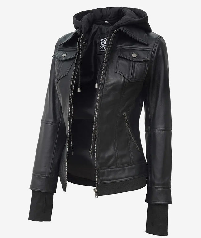 The Celeste: Womens Black Bomber Leather Jacket with Removable Hood