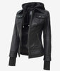 The Celeste: Womens Black Bomber Leather Jacket with Removable Hood