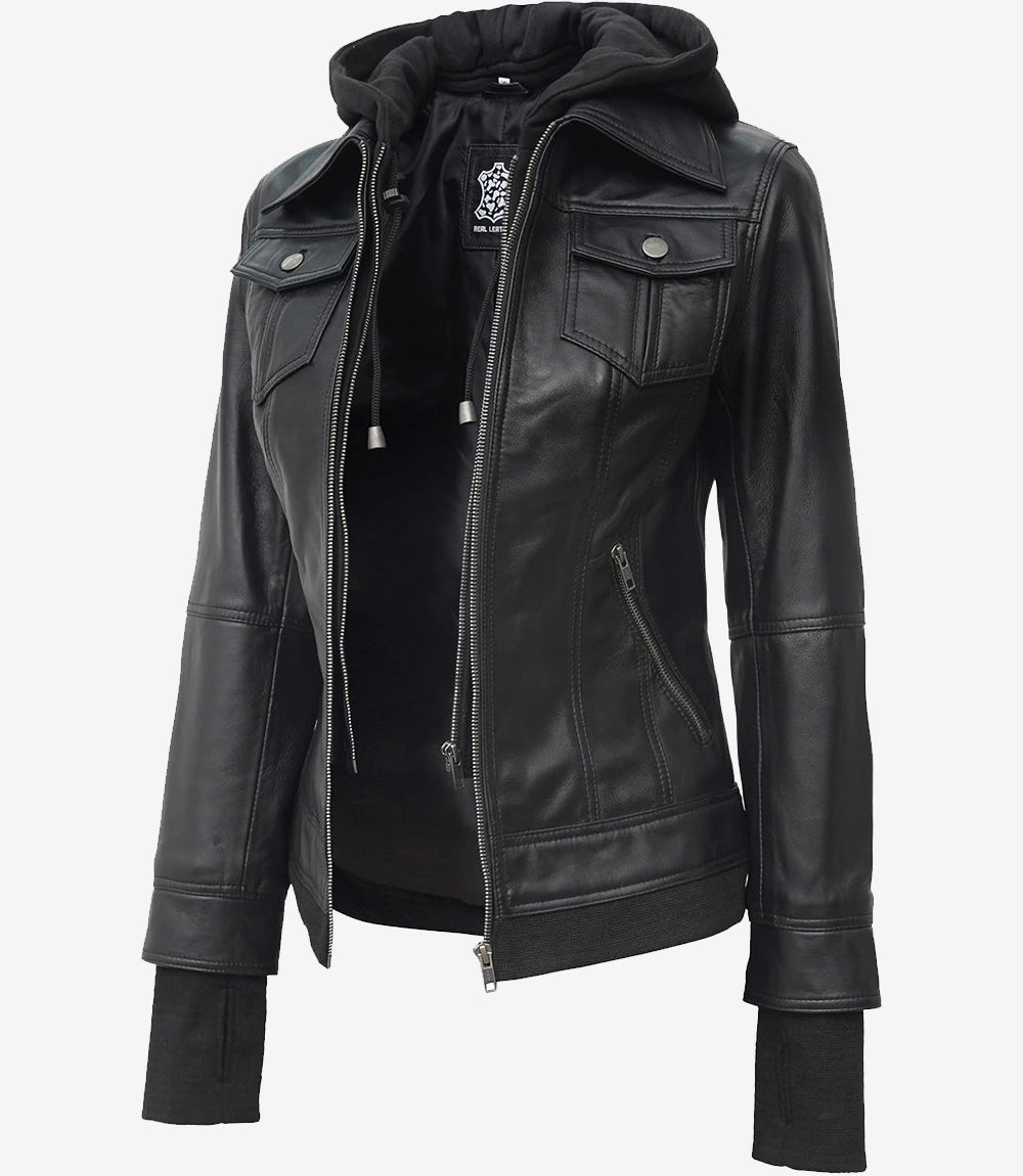 Womens Tall Black Bomber Hooded Leather Jacket