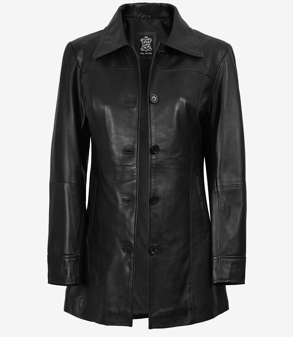 Womens Black Long Leather Coat