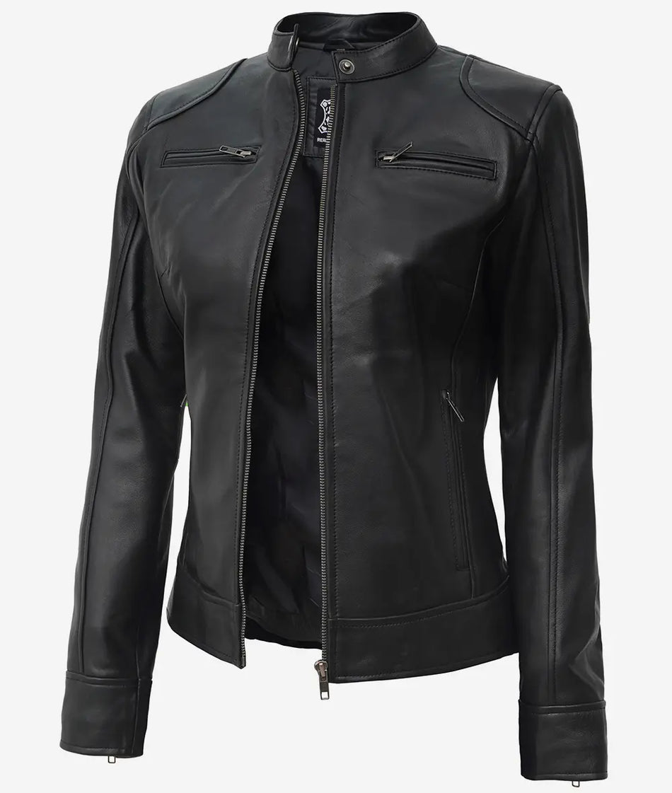 Women's Black Lambskin Leather Biker Style Jacket