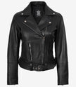 Womens Asymmetrical Black Leather Belted Biker Style  Jacket