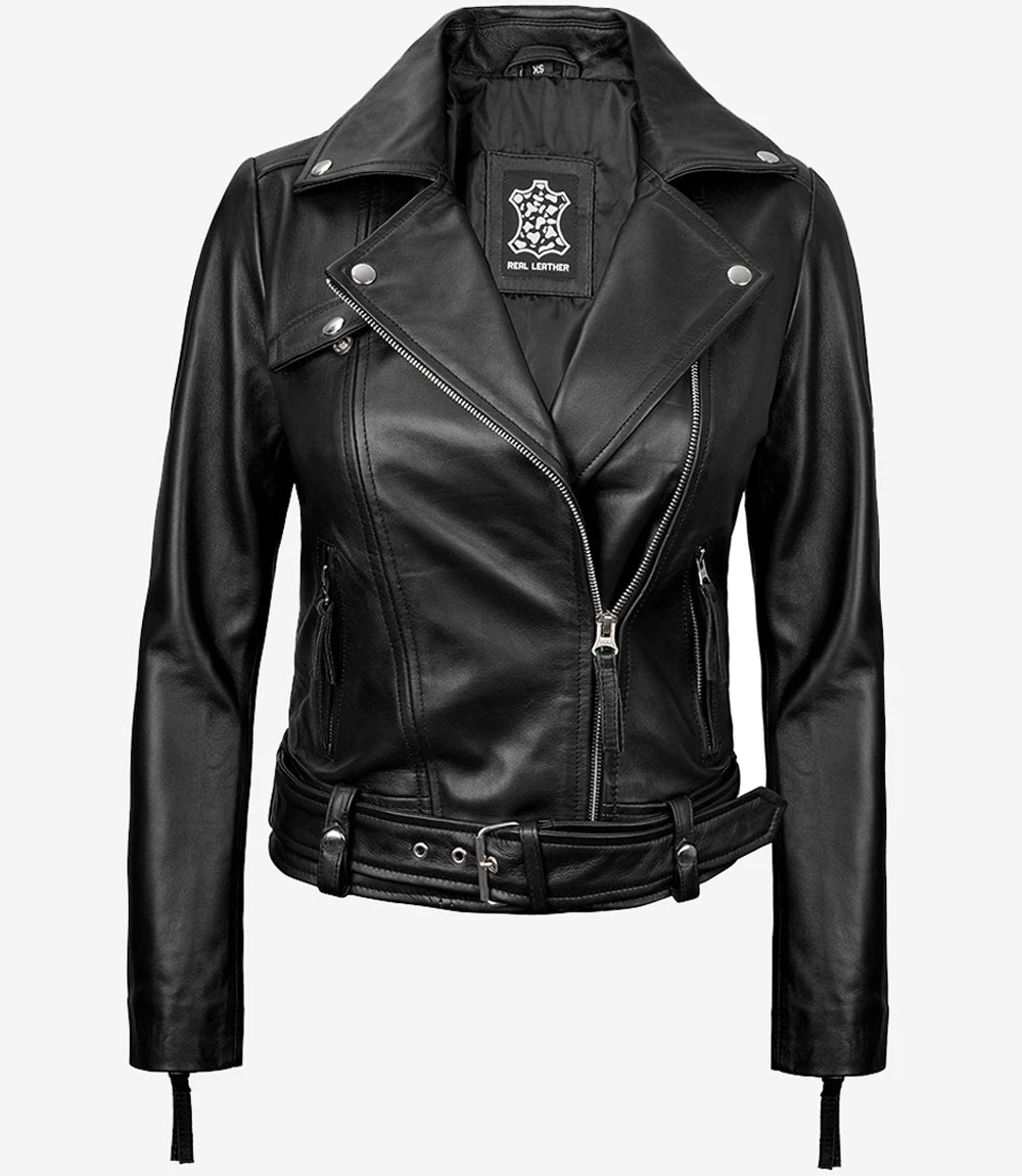Connecticut Womens Black Leather Motorcycle Jacket