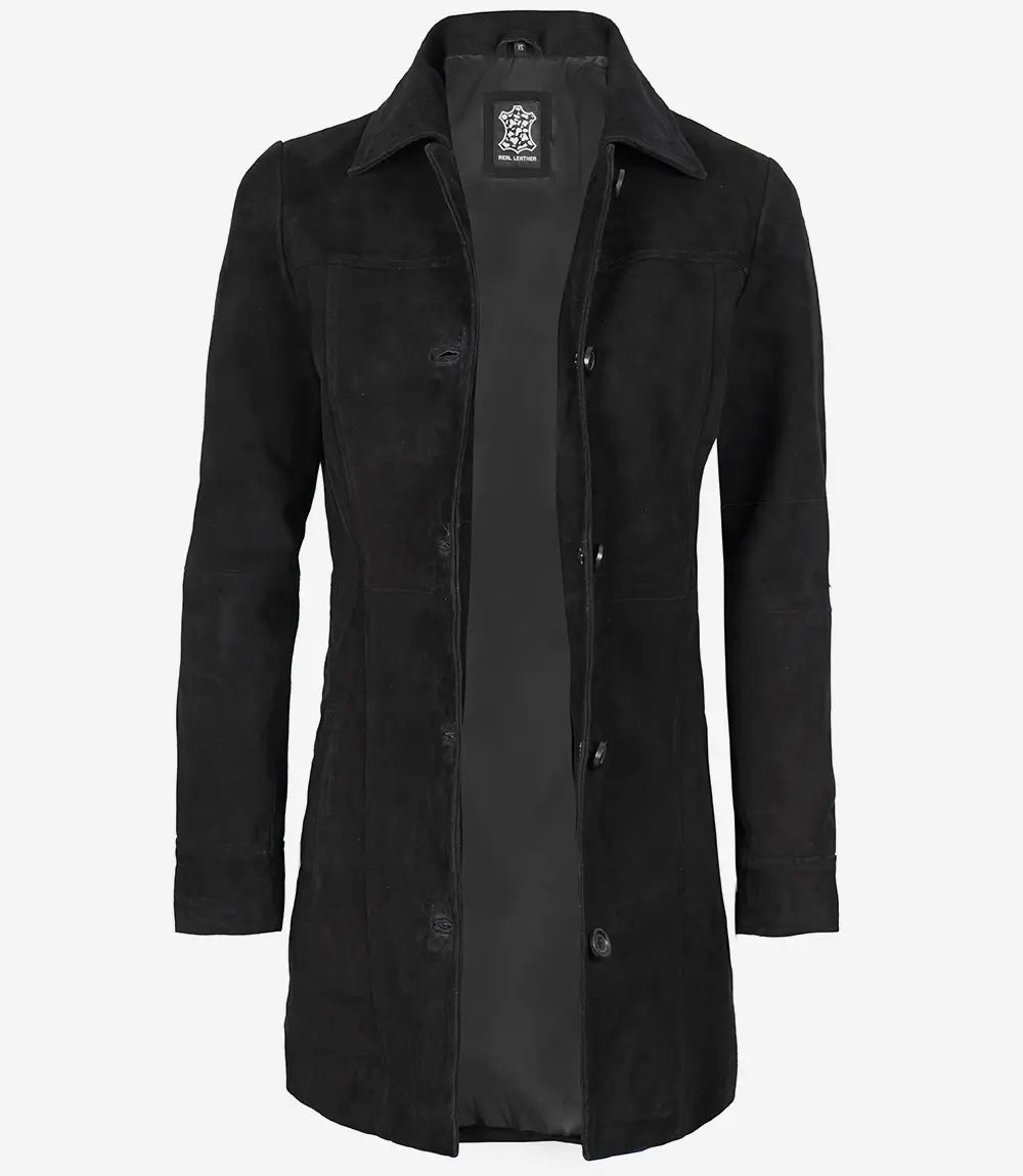 Womens Black Suede Button Down Coat