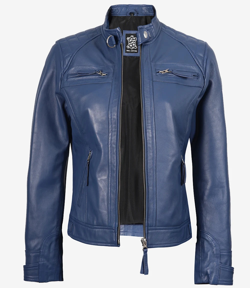 Womens Real Lambskin Leather Blue Quilted Biker Jacket