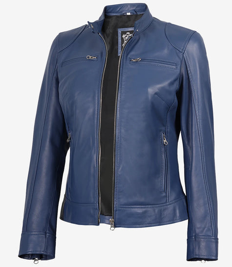Womens Biker Racer Blue Leather Jacket